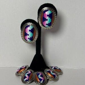 Silver and Multicolor Geometric Earrings and Button Covers Set